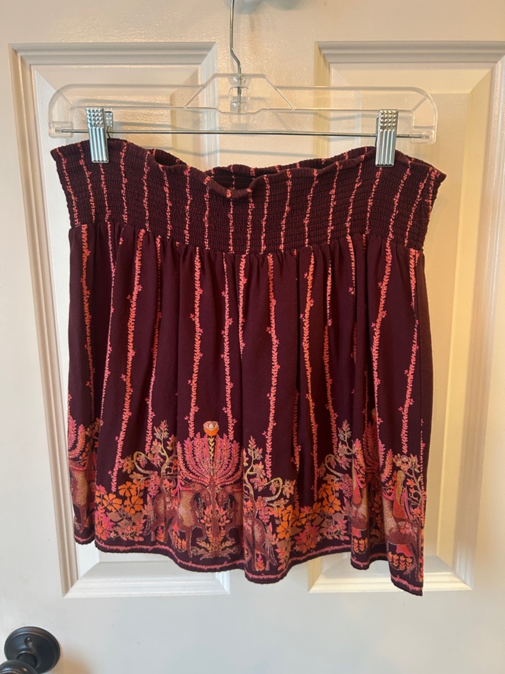 Ecote Wine Red Smocked Waist Mini Skirt with Pink and Orange Floral Border
